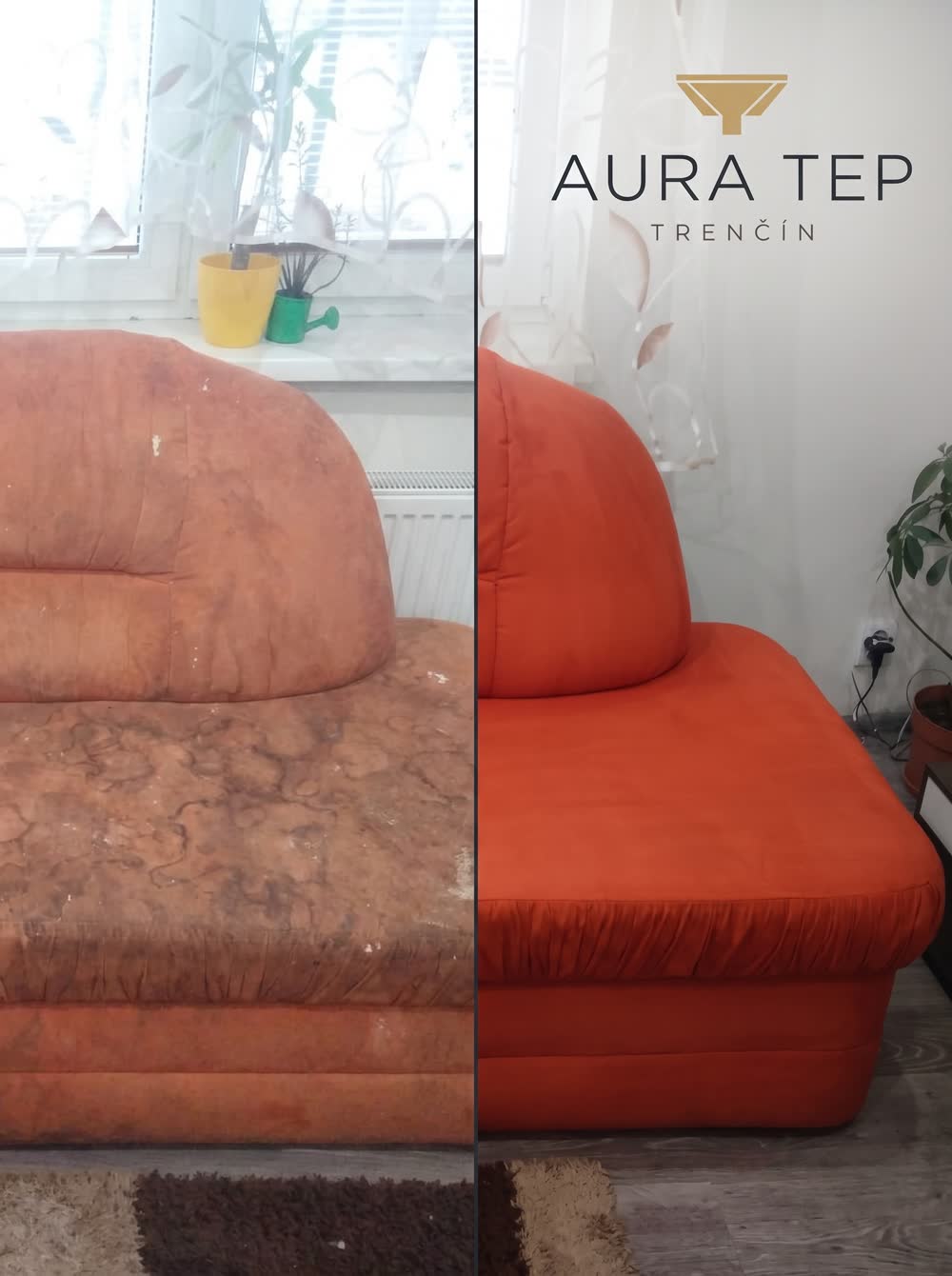 Sedačka pred a po tepovaní — AURA TEP Trenčín